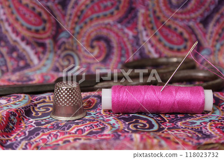 Hot Pink Thread on Vintage Pink and Purple Satin 118023732