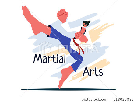 Martial Arts Vector Illustration with an Athlete Doing a High Kick Exercise, Practicing Karate or Performing Fighting Poses in a Flat Background 118023883