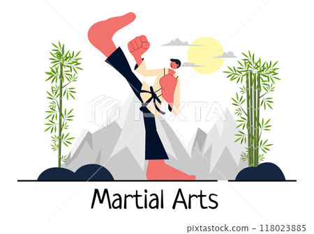 Martial Arts Vector Illustration with an Athlete Doing a High Kick Exercise, Practicing Karate or Performing Fighting Poses in a Flat Background Martial Arts Vector Illustration with an Athlete Doing a High Kick Exercise, Practicing Karate or Performing Fighting Poses in a Flat Background 118023885