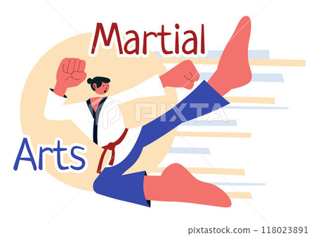 Martial Arts Vector Illustration with an Athlete Doing a High Kick Exercise, Practicing Karate or Performing Fighting Poses in a Flat Background Martial Arts Vector Illustration with an Athlete Doing a High Kick Exercise, Practicing Karate or Performing Fighting Poses in a Flat Background 118023891