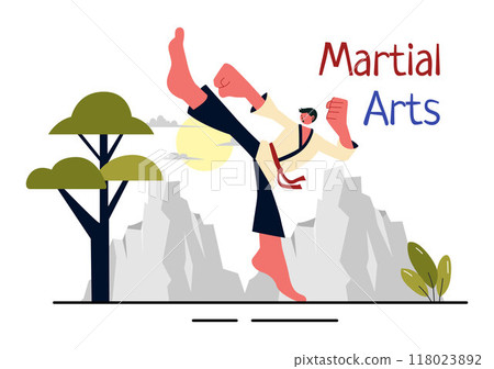 Martial Arts Vector Illustration with an Athlete Doing a High Kick Exercise, Practicing Karate or Performing Fighting Poses in a Flat Background Martial Arts Vector Illustration with an Athlete Doing a High Kick Exercise, Practicing Karate or Performing Fighting Poses in a Flat Background 118023892