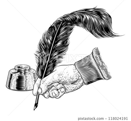 Quill Feather Ink Pen Hand Vintage Woodcut Print 118024191