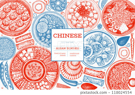 Chinese Cuisine Design Template. Vector Hand Drawn Asian Food Banner. Vintage Style Menu Illustration. Chinese Cuisine Design Template. Vector Hand Drawn Asian Food Banner. Vintage Style Menu Illustration. 118024554