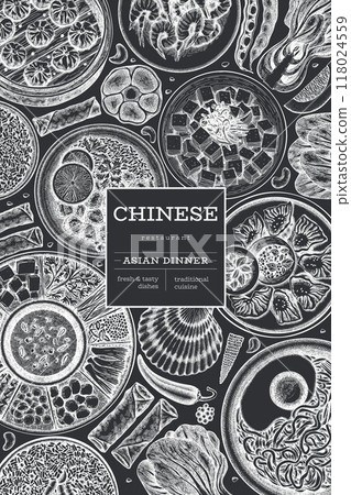 Chinese Cuisine Chalk Board Design Template. Vector Hand Drawn Asian Food Banner. Vintage Style Menu Chalk Illustration. 118024559