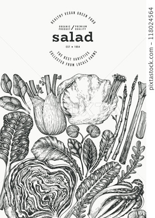 Green Vegetable Design Template. Vector Hand Drawn Healthy Leaf Salad Banner. Vintage Style Menu Illustration. Green Vegetable Design Template. Vector Hand Drawn Healthy Leaf Salad Banner. Vintage Style Menu Illustration. 118024564