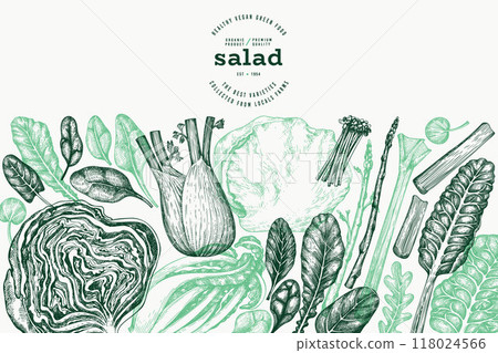 Green Vegetable Design Template. Vector Hand Drawn Healthy Leaf Salad Banner. Vintage Style Menu Illustration. 118024566