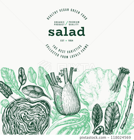 Green Vegetable Design Template. Vector Hand Drawn Healthy Leaf Salad Banner. Vintage Style Menu Illustration. 118024569