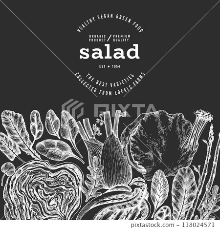 Green Vegetable Design Template. Vector Hand Drawn Healthy Leaf Salad Banner. Vintage Style Menu IllustrationOn Chalk Board. Green Vegetable Design Template. Vector Hand Drawn Healthy Leaf Salad Banner. Vintage Style Menu IllustrationOn Chalk Board. 118024571