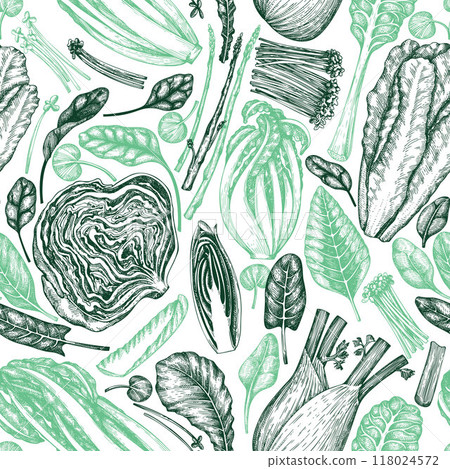 Green Vegetable Seamless Vector Pattern. Vector Hand Drawn Healthy Leaf Salad Background. Vintage Style Menu Illustration. 118024572