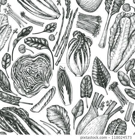 Green Vegetable Seamless Vector Pattern. Vector Hand Drawn Healthy Leaf Salad Background. Vintage Style Menu Illustration. 118024573