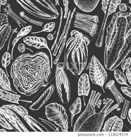 Green Vegetable Seamless Pattern. Vector Hand Drawn Healthy Leaf Salad Background. Vintage Style Menu Illustration On Chalk Board. 118024574