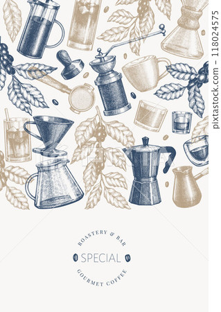 Alternative Coffee Makers Illustration. Vector Hand Drawn Specialty Coffee Equipment Banner. Vintage Style Coffee Bar Design 118024575