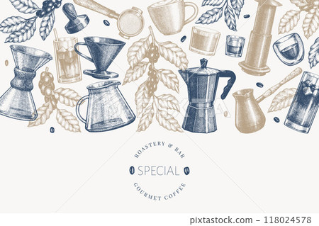 Alternative Coffee Makers Illustration. Vector Hand Drawn Specialty Coffee Equipment Banner. Vintage Style Coffee Bar Design Alternative Coffee Makers Illustration. Vector Hand Drawn Specialty Coffee Equipment Banner. Vintage Style Coffee Bar Design 118024578