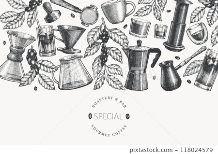 Alternative Coffee Makers Illustration. Vector Hand Drawn Specialty Coffee Equipment Banner. Vintage Style Coffee Bar Design 118024579