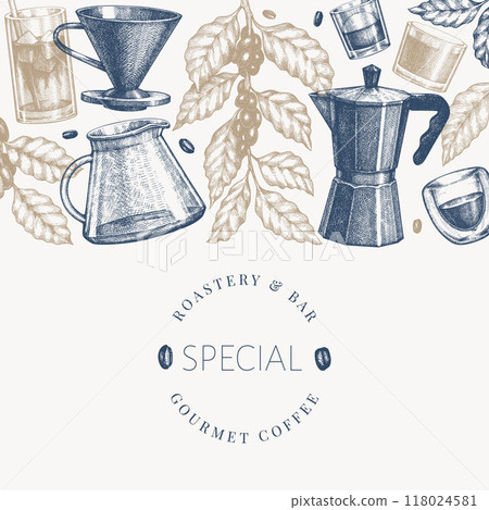 Alternative Coffee Makers Illustration. Vector Hand Drawn Specialty Coffee Equipment Banner. Vintage Style Coffee Bar Design 118024581