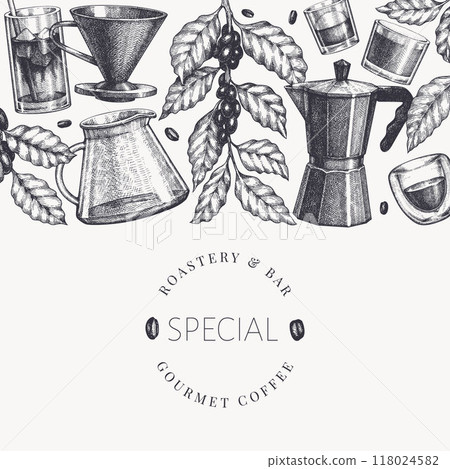 Alternative Coffee Makers Illustration. Vector Hand Drawn Specialty Coffee Equipment Banner. Vintage Style Coffee Bar Design 118024582