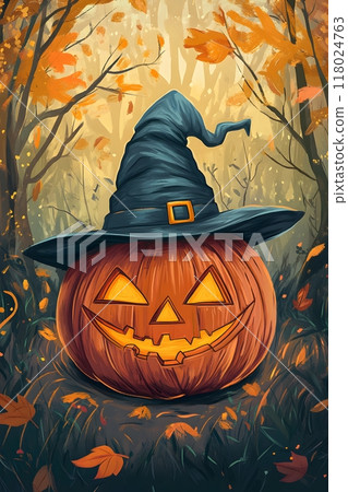 A pumpkin in a witch's hat, Halloween 118024763