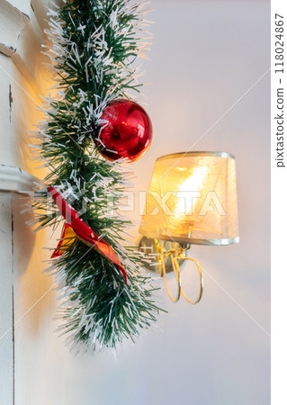 Christmas wall with lamp, new year decorations 118024867