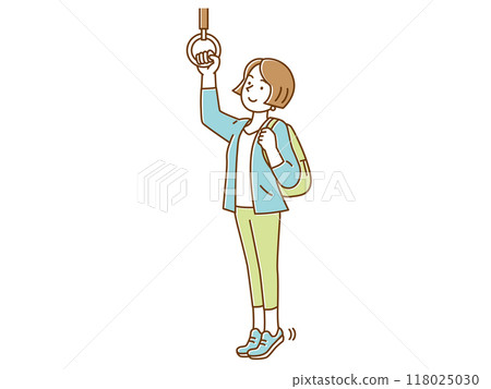 一位女士在通勤時用帶子伸展身體 118025030