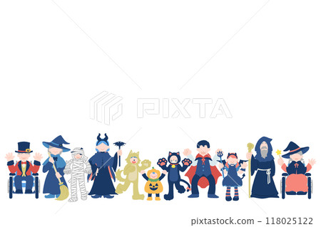 穿著萬聖節服裝的水平多代人的平面插圖（套） 118025122
