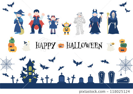 穿著萬聖節服裝和萬聖節背景的三代家庭的平面圖(集) 穿著萬聖節服裝和萬聖節背景的三代家庭的平面圖(集) 118025124