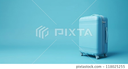 Blue travel suitcase with wheels, on blue background. Trip concept. Generative AI 118025255