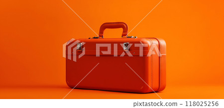 Orange travel suitcase, on orange background. Trip concept. Generative AI 118025256