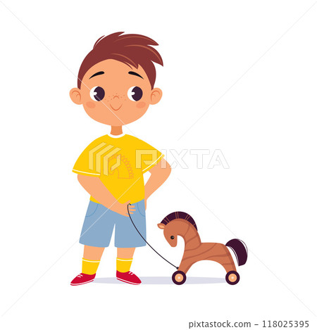 Boy Character Play Toy with Wooden Horse Vector Illustration 118025395