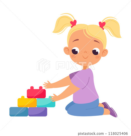 Girl Character Play Toy Block or Cube Vector Illustration 118025406