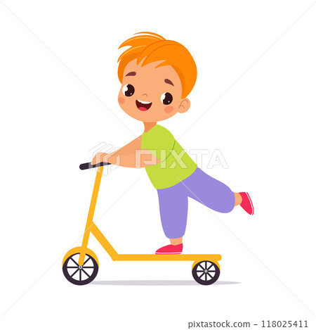 Boy Character Play Ride Scooter Kick the Ground Vector Illustration Boy Character Play Ride Scooter Kick the Ground Vector Illustration 118025411