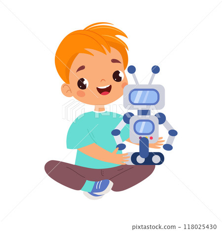Boy Character Play Toy Robot Sit on Floor Vector Illustration Boy Character Play Toy Robot Sit on Floor Vector Illustration 118025430