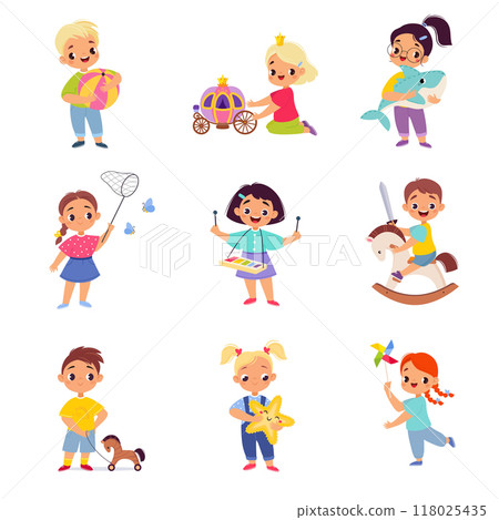 Kids Toys with Little Boy and Girl Playing Vector Set 118025435