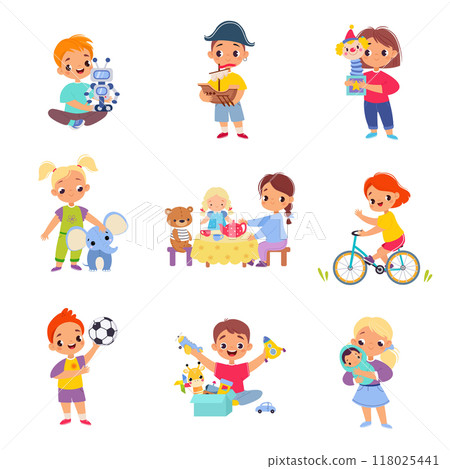Kids Toys with Little Boy and Girl Playing Vector Set 118025441
