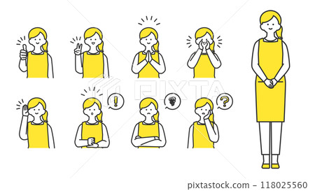 穿著圍裙、臉部表情和姿勢變化的女人 穿著圍裙、臉部表情和姿勢變化的女人 118025560