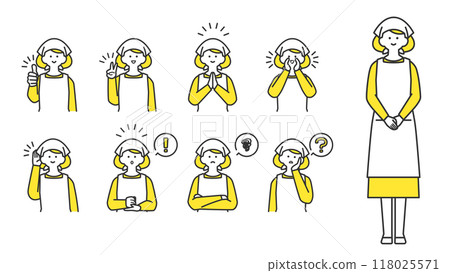 穿著吊帶和圍裙、臉部表情和姿勢變化的女人 118025571