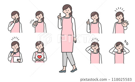 A woman wearing an apron - Variations of facial expressions and poses - Set A woman wearing an apron - Variations of facial expressions and poses - Set 118025583