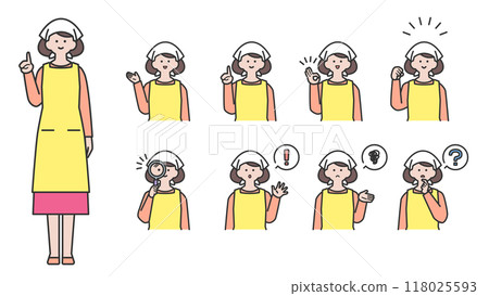 穿著吊帶和圍裙、臉部表情和姿勢變化的女人 118025593