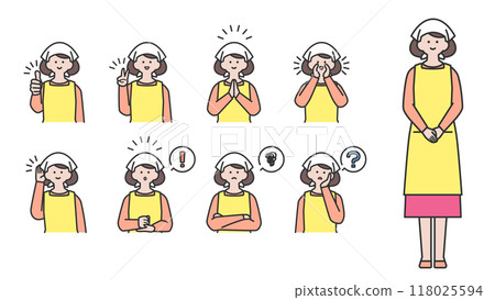 A woman wearing a triangular bandage and apron, a set of facial expressions and poses A woman wearing a triangular bandage and apron, a set of facial expressions and poses 118025594