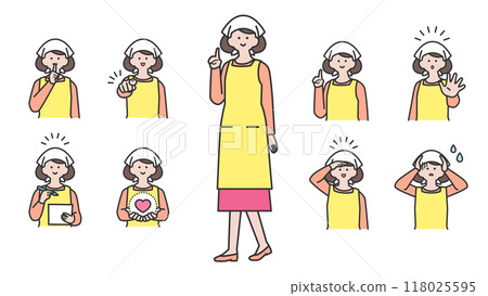 穿著吊帶和圍裙、臉部表情和姿勢變化的女人 118025595