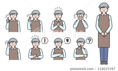 穿著吊帶和圍裙的男人，臉部表情和姿勢變化集 118025597