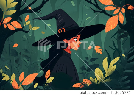 A witch in a pointy hat in the woods 118025775