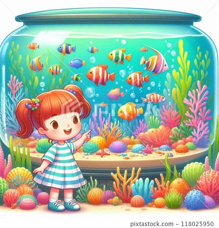 一個女孩在小水族箱玩耍的圖片 118025950