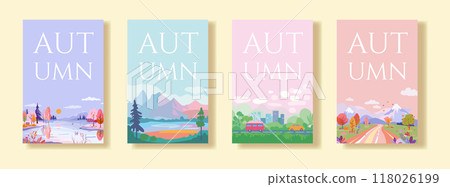 A collection of four vector posters, each featuring a different autumn-themed landscape. The posters display scenes of nature with trees, mountains, and roads, using a flat design style and soft color A collection of four vector posters, each featuring a different autumn-themed landscape. The posters display scenes of nature with trees, mountains, and roads, using a flat design style and soft color 118026199