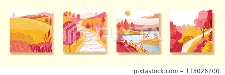 Set of posters with Autumn nature. Sun over the river. Hand drawn. Hilly terrain with paths. Postcard background. Print on a notebook, dishes or wallpaper. Vector Set of posters with Autumn nature. Sun over the river. Hand drawn. Hilly terrain with paths. Postcard background. Print on a notebook, dishes or wallpaper. Vector 118026200
