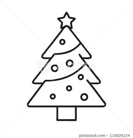 Black and white minimalist illustration of a Christmas tree adorned with a star and simple ornaments. Ideal for holiday-themed designs with a focus on clean and modern aesthetics... Black and white minimalist illustration of a Christmas tree adorned with a star and simple ornaments. Ideal for holiday-themed designs with a focus on clean and modern aesthetics... 118026224