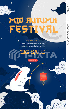 Mid-Autumn Festival big sale with rabbit and lantern. Vector illustration 118026243