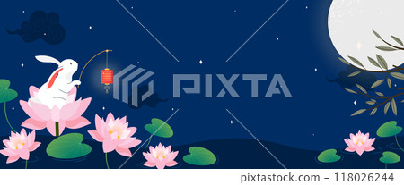 Mid-Autumn Festival night with rabbit and lantern on lotus. Vector illustration 118026244