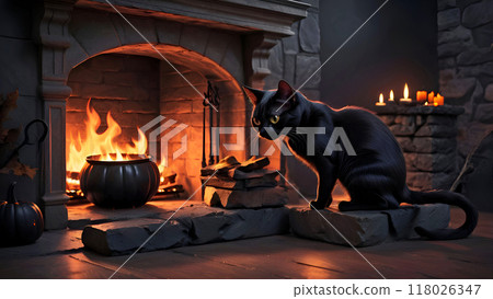 Halloween magical scene with black cat and fireplace. Digital artwork. Ai generated 118026347