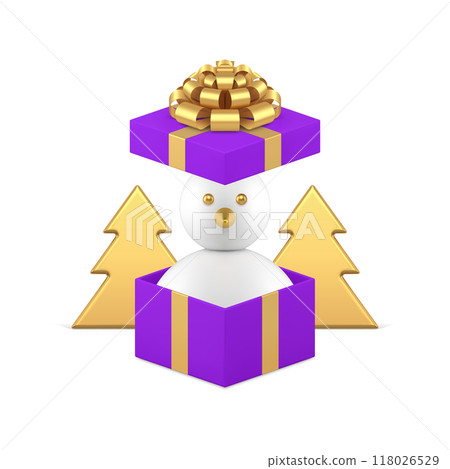 Christmas surprise snowman in open gift box with spruce toy 3d icon realistic vector illustration 118026529