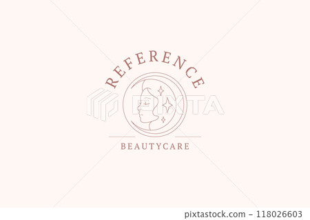 Sacred night goddess face with star and crescent circle line art logo design template vector 118026603